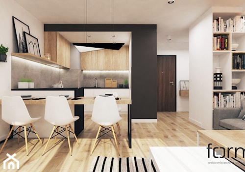 Średni biały salon z kuchnią z jadalnią, styl nowoczesny - zdjęcie od FORMA - Pracownia Architektury Wnętrz