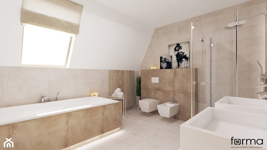 SALON KĄPIELOWY - Średnia na poddaszu z dwoma umywalkami łazienka z oknem, styl nowoczesny - zdjęcie od FORMA - Pracownia Architektury Wnętrz