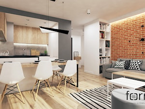 MIESZKANIE ZALESIE - Mały biały brązowy szary salon z kuchnią z jadalnią, styl nowoczesny - zdjęcie od FORMA - Pracownia Architektury Wnętrz