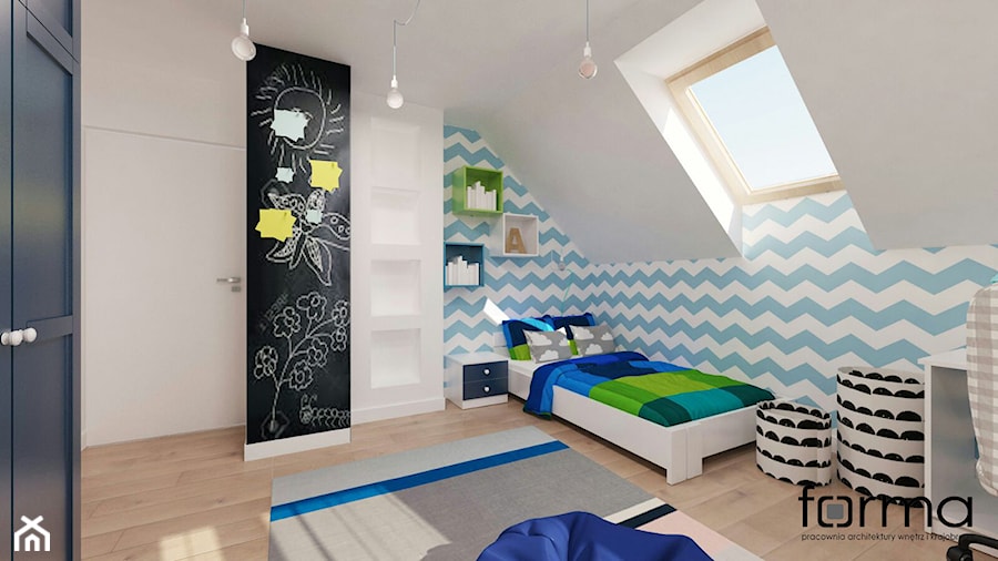 POKÓJ ANI - Średni biały niebieski pokój dziecka dla nastolatka dla chłopca, styl nowoczesny - zdjęcie od FORMA - Pracownia Architektury Wnętrz