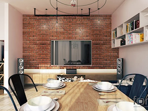 MIESZKANIE RUCZAJ - Mały biały salon z jadalnią z bibiloteczką, styl industrialny - zdjęcie od FORMA - Pracownia Architektury Wnętrz