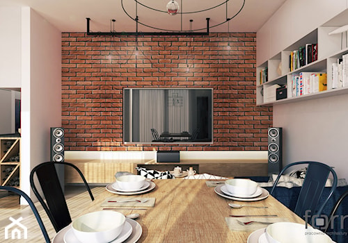 MIESZKANIE RUCZAJ - Mały biały salon z jadalnią z bibiloteczką, styl industrialny - zdjęcie od FORMA - Pracownia Architektury Wnętrz