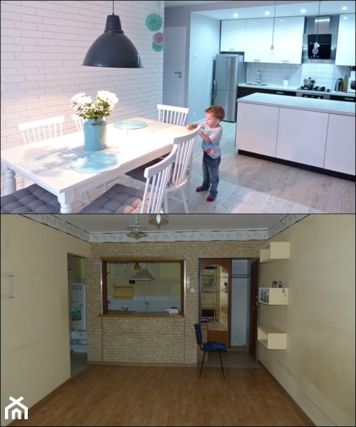 metamorfoza dwóch połączonych mieszkań - Duża szara jadalnia w kuchni, styl skandynawski - zdjęcie od mar.sza - Homebook