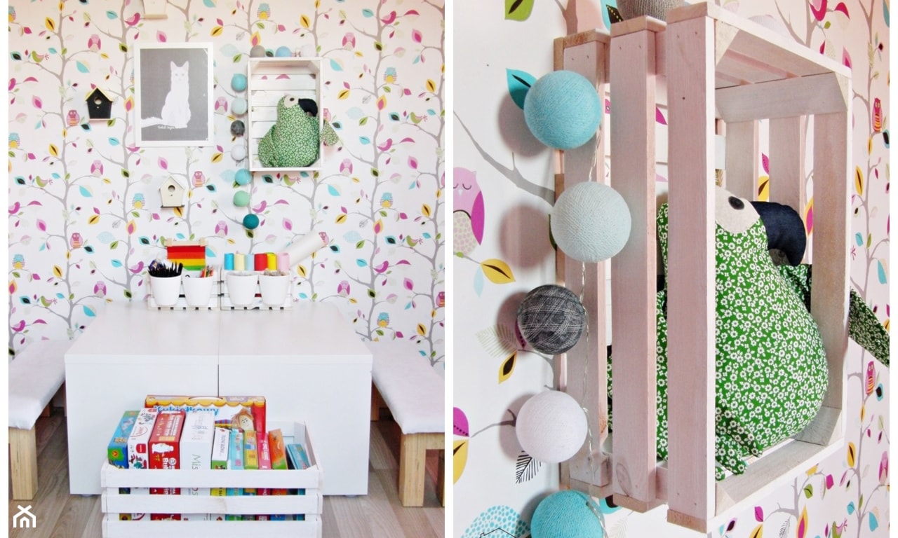 tapeta w kolorowe liany, półka z drewnianej skrzynki, cotton balls