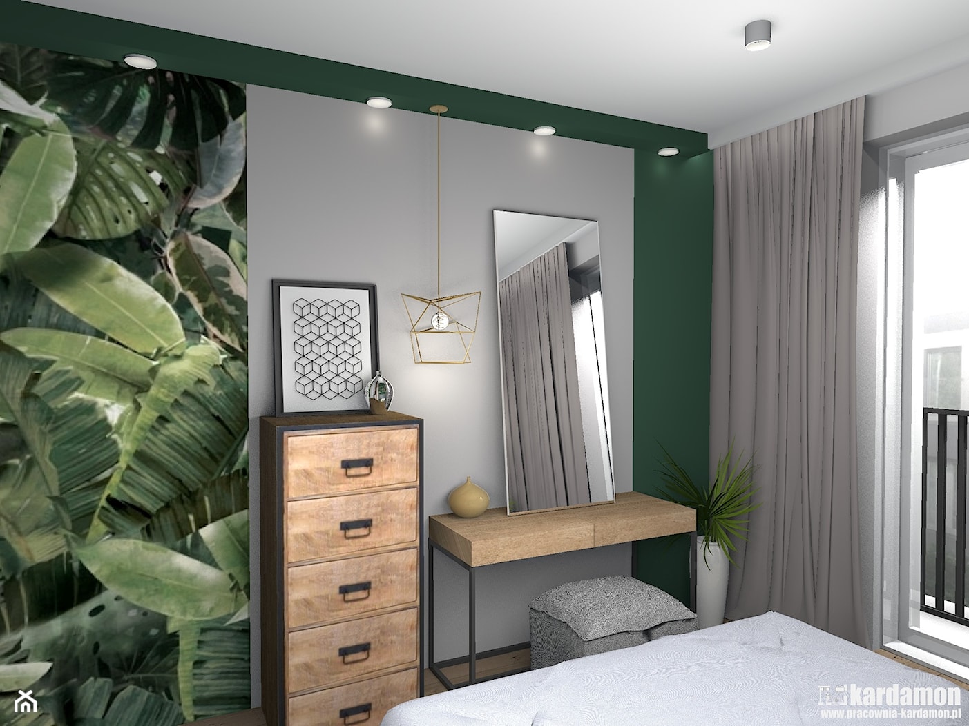Mieszkanie usłane roślinami - Mała szara zielona sypialnia, styl nowoczesny - zdjęcie od Pracownia Kardamon - Homebook