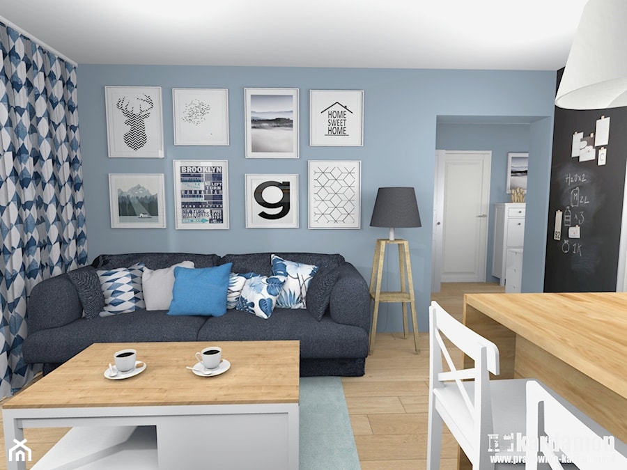 Sielanka domowa w mieszkaniu w bloku - Mały szary salon z jadalnią, styl skandynawski - zdjęcie od Pracownia Kardamon