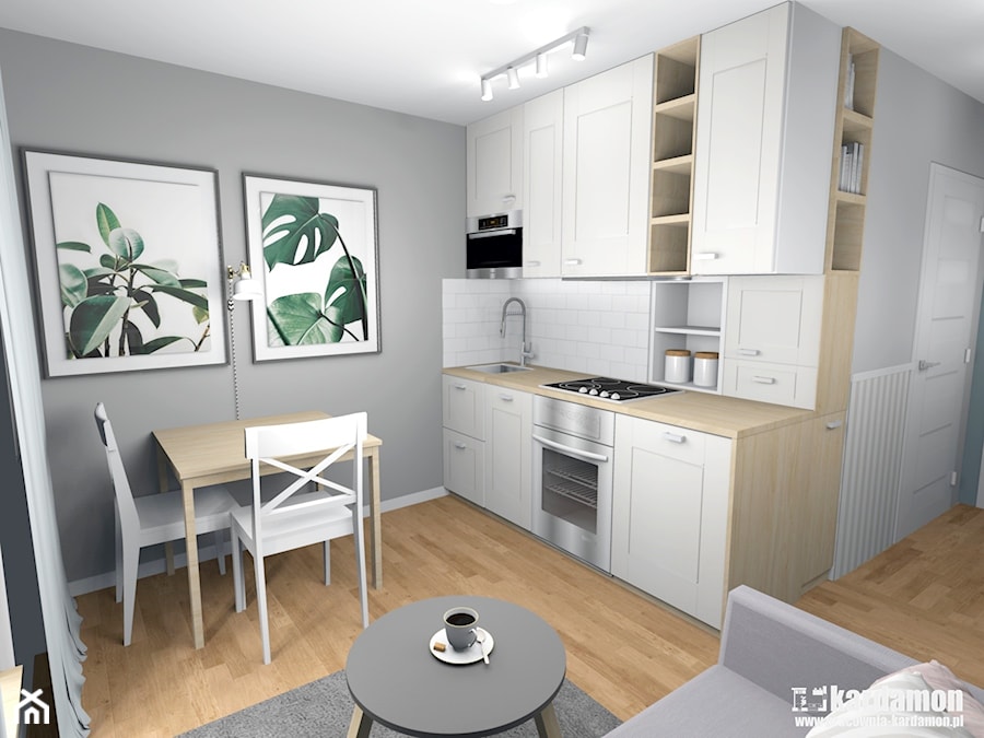 Mieszkanie w kamienicy - Mała otwarta z salonem biała szara z zabudowaną lodówką z nablatowym zlewozmywakiem kuchnia jednorzędowa, styl skandynawski - zdjęcie od Pracownia Kardamon