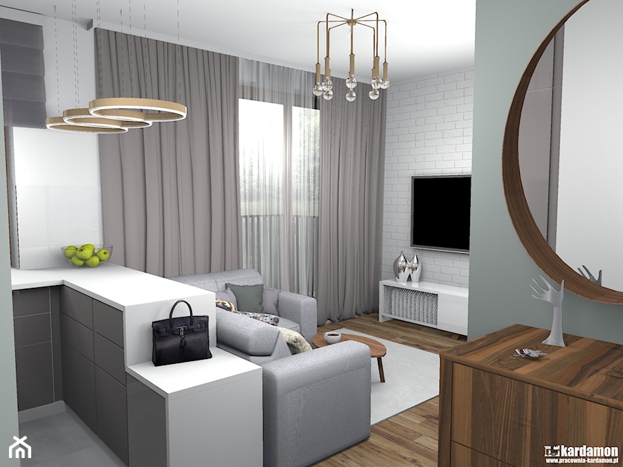 Elegancki salon z wydzieloną sypialnią 26m2 - Średni biały salon z kuchnią, styl nowoczesny - zdjęcie od Pracownia Kardamon