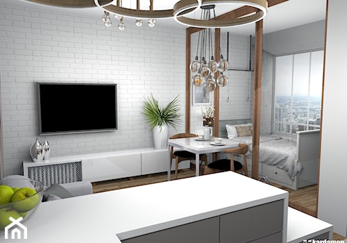 Elegancki salon z wydzieloną sypialnią 26m2 - Mały biały salon z kuchnią z jadalnią, styl nowoczesny - zdjęcie od Pracownia Kardamon
