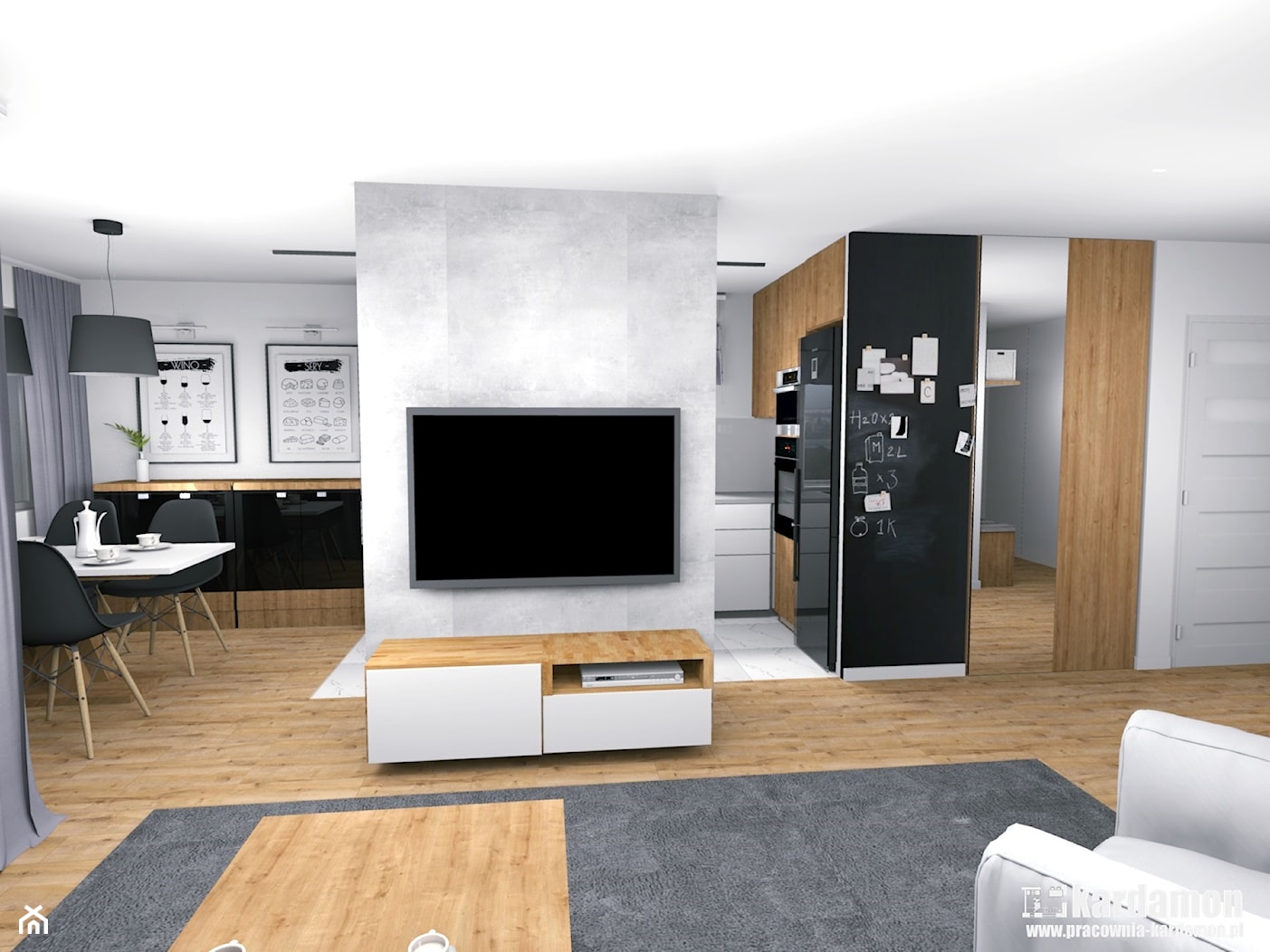 Ciepłe szarości w bloku ze ścianką TV - Średni biały czarny salon z kuchnią z jadalnią, styl nowoczesny - zdjęcie od Pracownia Kardamon - Homebook