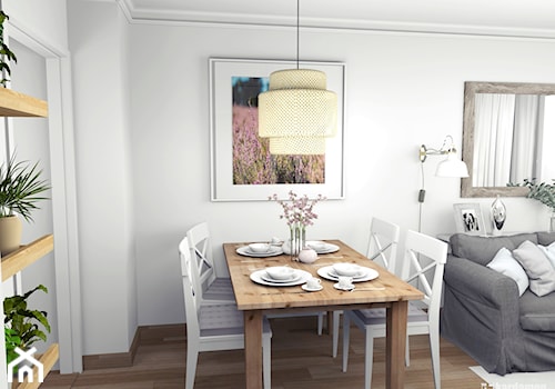 Skandynawsko-rustykalny salon z jadalnią - Średnia biała jadalnia w salonie, styl skandynawski - zdjęcie od Pracownia Kardamon
