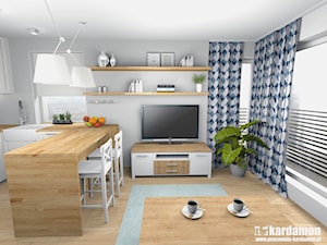 Sielanka domowa w mieszkaniu w bloku - Mały szary salon z kuchnią z jadalnią, styl skandynawski - zdjęcie od Pracownia Kardamon