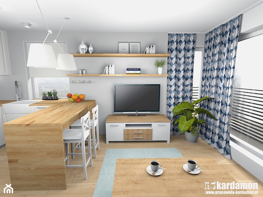Sielanka domowa w mieszkaniu w bloku - Mały szary salon z kuchnią z jadalnią, styl skandynawski - zdjęcie od Pracownia Kardamon