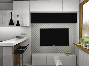 Salon z aneksem kuchennym 14m2 - Mały biały salon z kuchnią z jadalnią, styl minimalistyczny - zdjęcie od Pracownia Kardamon
