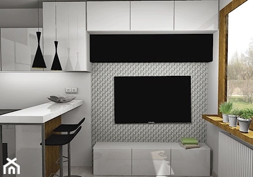Salon z aneksem kuchennym 14m2 - Mały biały salon z kuchnią z jadalnią, styl minimalistyczny - zdjęcie od Pracownia Kardamon