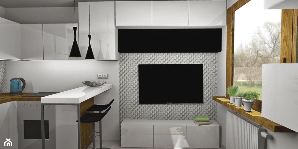 Salon z aneksem kuchennym 14m2 - Mały biały salon z kuchnią z jadalnią, styl minimalistyczny - zdjęcie od Pracownia Kardamon - Homebook