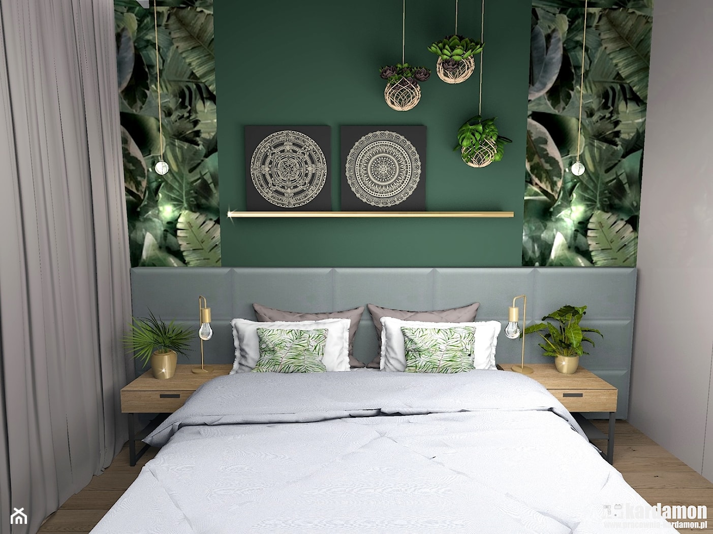 Mieszkanie usłane roślinami - Średnia szara zielona sypialnia, styl nowoczesny - zdjęcie od Pracownia Kardamon - Homebook