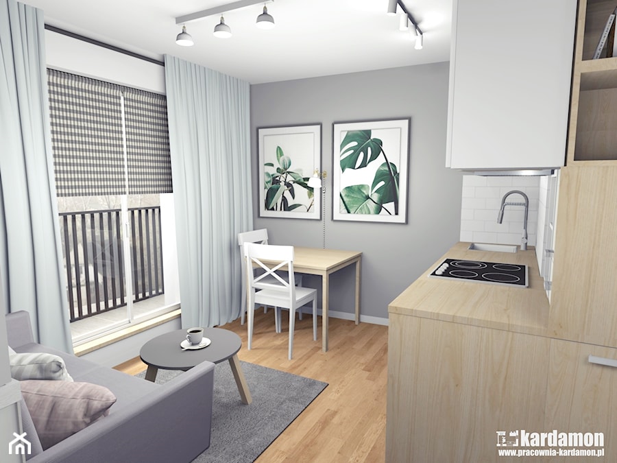 Mieszkanie w kamienicy - Mały szary salon z kuchnią z jadalnią, styl skandynawski - zdjęcie od Pracownia Kardamon