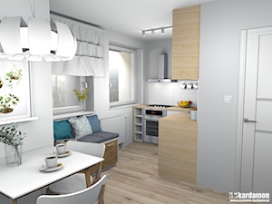 Zgrabne mieszkanie pod wynajem 27m2 - Średnia otwarta szara z zabudowaną lodówką z nablatowym zlewozmywakiem kuchnia w kształcie litery l z oknem, styl minimalistyczny - zdjęcie od Pracownia Kardamon