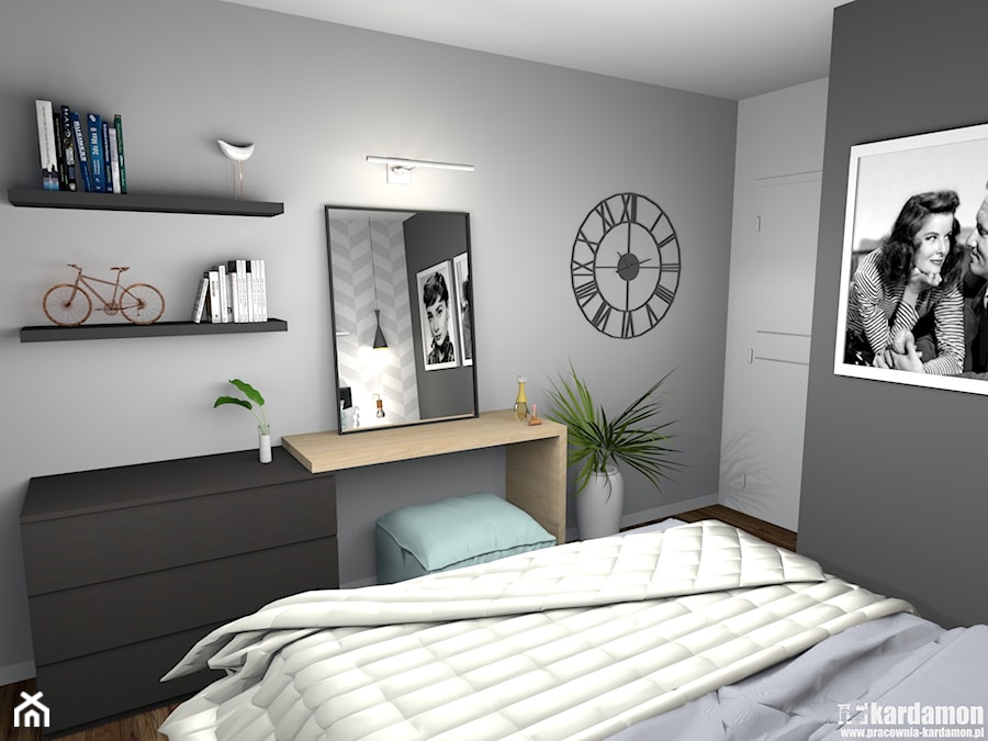 Kolorowe mieszkanie dla młodych z cegłą w kuchni - Średnia biała szara sypialnia - zdjęcie od Pracownia Kardamon