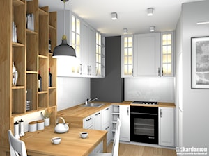 Szczypta domowej sielanki na 35 m2 - Mała otwarta biała z zabudowaną lodówką z nablatowym zlewozmywakiem kuchnia w kształcie litery l, styl skandynawski - zdjęcie od Pracownia Kardamon