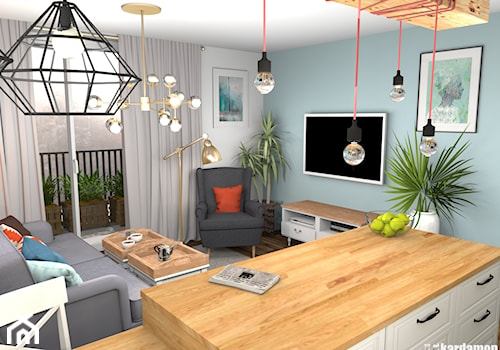 Kolorowe mieszkanie dla młodych z cegłą w kuchni - Mały biały turkusowy salon z kuchnią - zdjęcie od Pracownia Kardamon