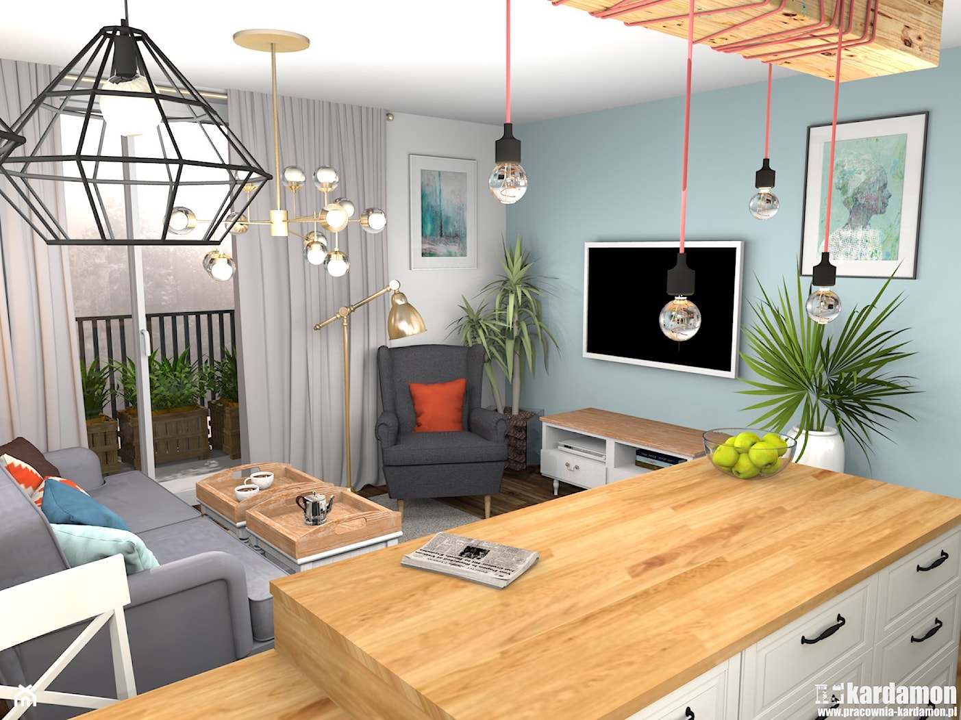 Kolorowe mieszkanie dla młodych z cegłą w kuchni - Mały biały turkusowy salon z kuchnią - zdjęcie od Pracownia Kardamon - Homebook