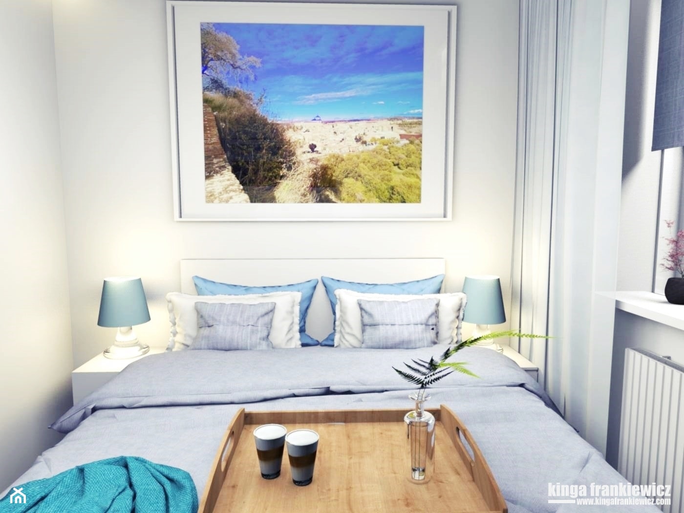 Błękitna sypialnia i biała kuchnia - Sypialnia, styl minimalistyczny - zdjęcie od Pracownia Kardamon - Homebook