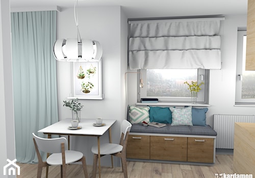 Zgrabne mieszkanie pod wynajem 27m2 - Mała biała jadalnia, styl minimalistyczny - zdjęcie od Pracownia Kardamon