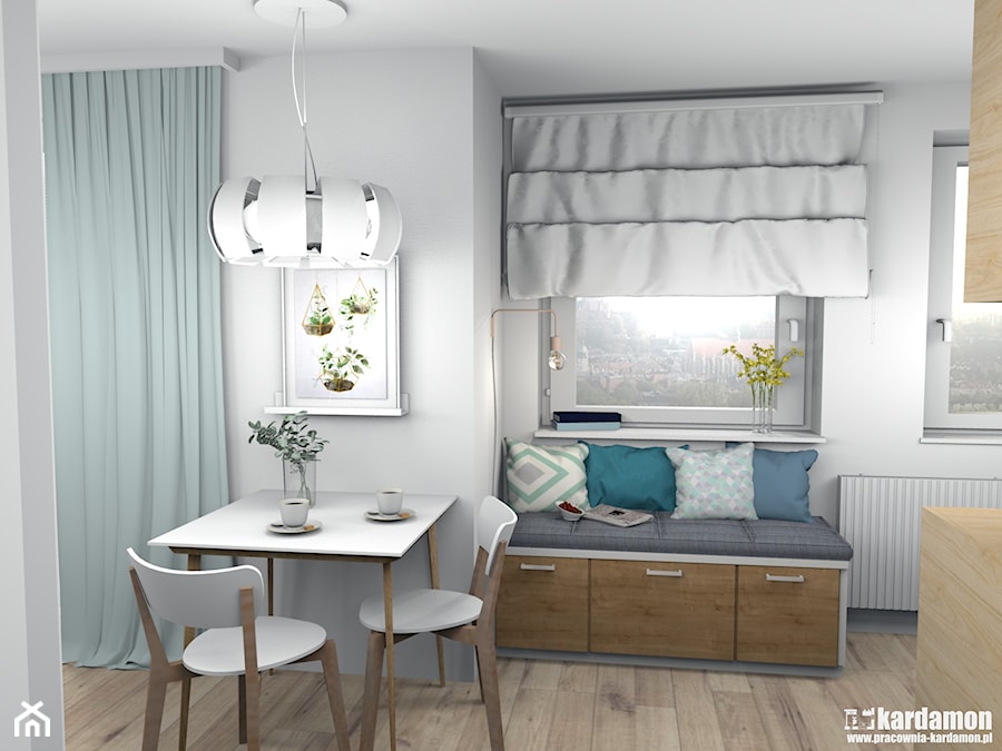 Zgrabne mieszkanie pod wynajem 27m2 - Mała biała jadalnia, styl minimalistyczny - zdjęcie od Pracownia Kardamon