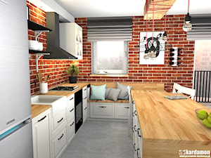 Kolorowe mieszkanie dla młodych z cegłą w kuchni - Średnia otwarta z salonem z zabudowaną lodówką z nablatowym zlewozmywakiem kuchnia w kształcie litery u z oknem - zdjęcie od Pracownia Kardamon