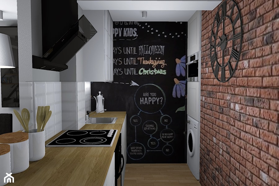 Przytulne mieszkanie na poddaszu - Średnia zamknięta czarna z zabudowaną lodówką z nablatowym zlewozmywakiem kuchnia dwurzędowa, styl skandynawski - zdjęcie od Pracownia Kardamon