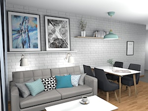Spokojne mieszkanie z mięta i białą cegłą 19m2 - Mały biały salon z jadalnią, styl skandynawski - zdjęcie od Pracownia Kardamon
