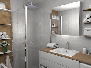 Elegancka szara łazienka z ciepłym drewnem - Mała na poddaszu bez okna łazienka, styl nowoczesny - zdjęcie od Pracownia Kardamon