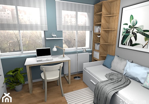 Mieszkanie w kamienicy - Mała czarna szara z biurkiem sypialnia, styl skandynawski - zdjęcie od Pracownia Kardamon