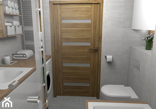 Elegancka szara łazienka z ciepłym drewnem - Mała bez okna z pralką / suszarką łazienka, styl nowoczesny - zdjęcie od Pracownia Kardamon