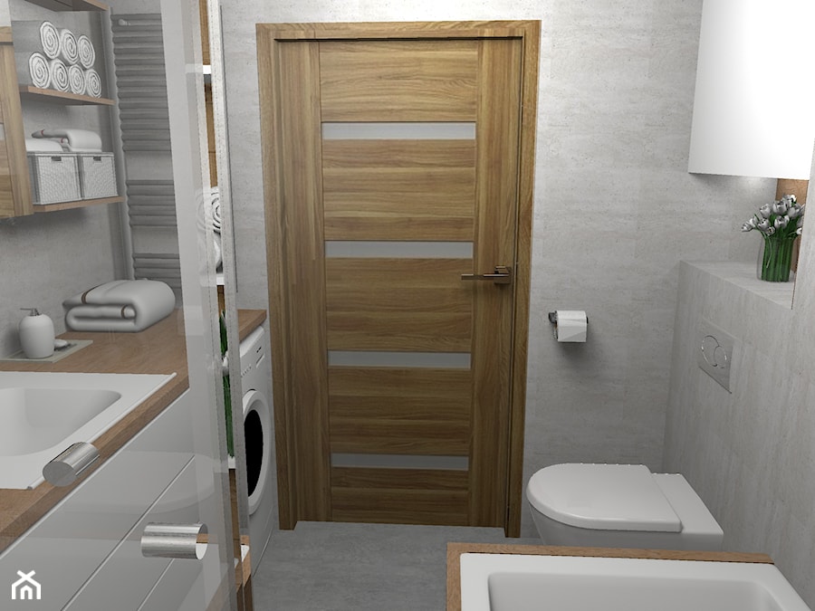 Elegancka szara łazienka z ciepłym drewnem - Mała bez okna z pralką / suszarką łazienka, styl nowoczesny - zdjęcie od Pracownia Kardamon