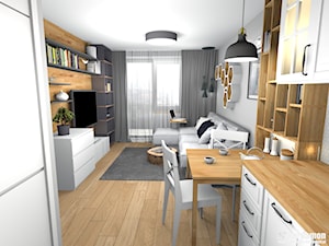 Szczypta domowej sielanki na 35 m2 - Średni biały salon z kuchnią z jadalnią z tarasem / balkonem z bibiloteczką, styl skandynawski - zdjęcie od Pracownia Kardamon