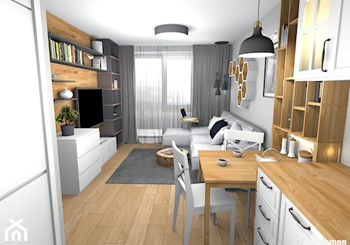 Szczypta domowej sielanki na 35 m2 - Średni biały salon z kuchnią z jadalnią z tarasem / balkonem z bibiloteczką, styl skandynawski - zdjęcie od Pracownia Kardamon