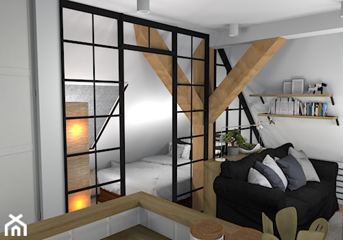 Przytulne mieszkanie na poddaszu - Mała biała sypialnia na poddaszu, styl industrialny - zdjęcie od Pracownia Kardamon