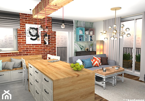 Kolorowe mieszkanie dla młodych z cegłą w kuchni - Mały biały salon z kuchnią z jadalnią z bibiloteczką - zdjęcie od Pracownia Kardamon