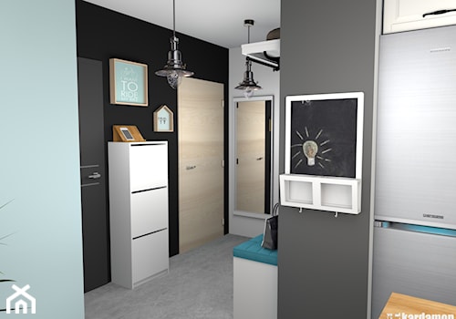 Kolorowe mieszkanie dla młodych z cegłą w kuchni - Średni biały czarny szary hol / przedpokój - zdjęcie od Pracownia Kardamon