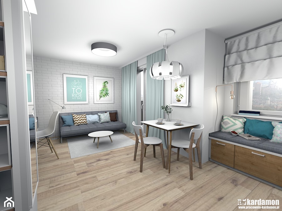 Zgrabne mieszkanie pod wynajem 27m2 - Średni biały szary salon z jadalnią, styl nowoczesny - zdjęcie od Pracownia Kardamon
