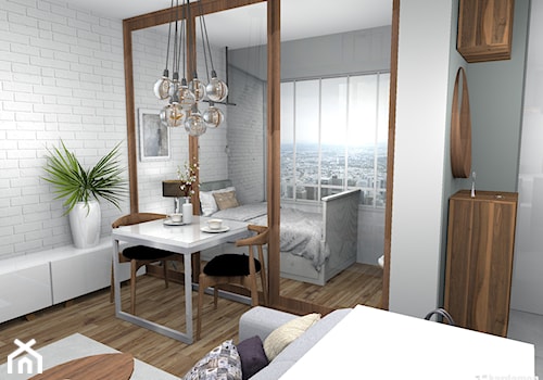 Elegancki salon z wydzieloną sypialnią 26m2 - Mała biała szara sypialnia, styl nowoczesny - zdjęcie od Pracownia Kardamon