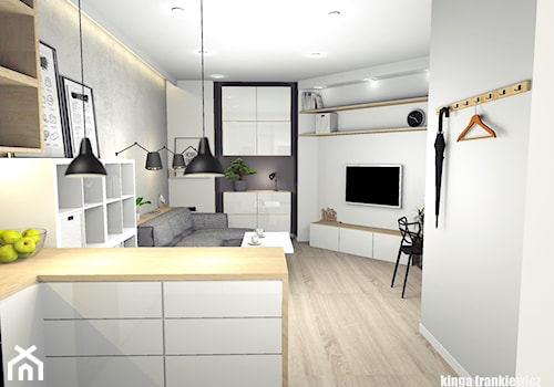Mieszkanie z jednym małym oknem na świat (30,59m2) - Średni biały czarny szary salon z kuchnią z jadalnią, styl nowoczesny - zdjęcie od Pracownia Kardamon