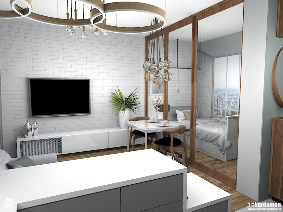 Elegancki salon z wydzieloną sypialnią 26m2 - Mały biały salon, styl nowoczesny - zdjęcie od Pracownia Kardamon