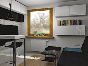 Salon z aneksem kuchennym 14m2 - Mały biały szary salon z jadalnią, styl minimalistyczny - zdjęcie od Pracownia Kardamon