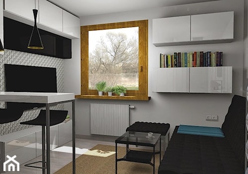 Salon z aneksem kuchennym 14m2 - Mały biały szary salon z jadalnią, styl minimalistyczny - zdjęcie od Pracownia Kardamon