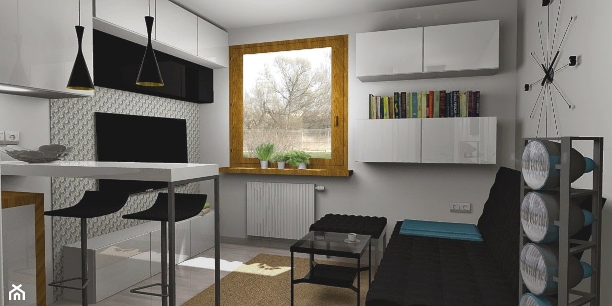 Salon z aneksem kuchennym 14m2 - Mały biały szary salon z jadalnią, styl minimalistyczny - zdjęcie od Pracownia Kardamon - Homebook
