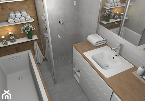 Elegancka szara łazienka z ciepłym drewnem - Mała bez okna z marmurową podłogą łazienka, styl nowoczesny - zdjęcie od Pracownia Kardamon